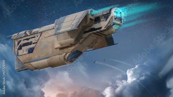 Fototapeta Digital painting of a large aircraft carrier space ship flying over a big blue sky with smaller ships in formation- fantasy 3d illustration