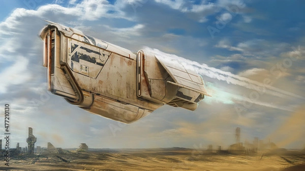 Fototapeta Digital painting of a rusty space ship flying through a desert with a nearby alien city in the background - fantasy 3d illustration