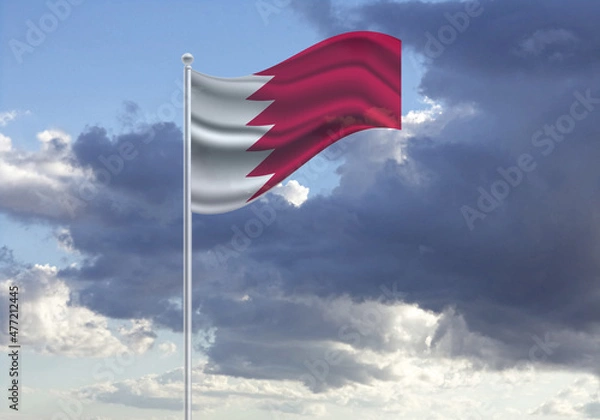 Fototapeta Flag of the Bahrain on a stick, dark clouds in the background