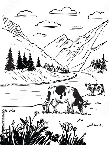 Fototapeta Cows graze in alpine meadows vector illustration