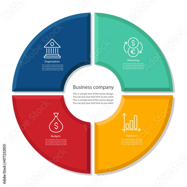 Obraz Colorful 4 parts pie graph in modern flat style. Designed infographic vector illustration for your presentation, app, website etc.