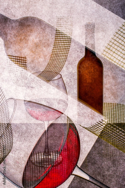 Obraz Abstract collage with bottle and glass of red wine, double exposure