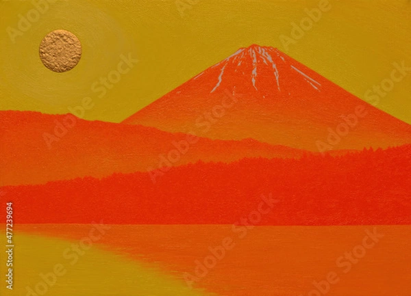 Obraz 油絵イラスト西湖から陽色に染まる朝日の富士2021