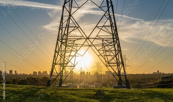 Fototapeta power lines at sunset