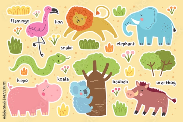 Fototapeta Wild animals stickers sheet, set. Elephant, lion, flamingo, snake, hippo, koala, warthog. Vector design for children. Isolated on background.