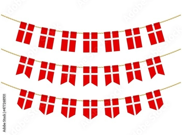 Obraz Denmark flag on the ropes on white background. Set of Patriotic bunting flags. Bunting decoration of Denmark flag
