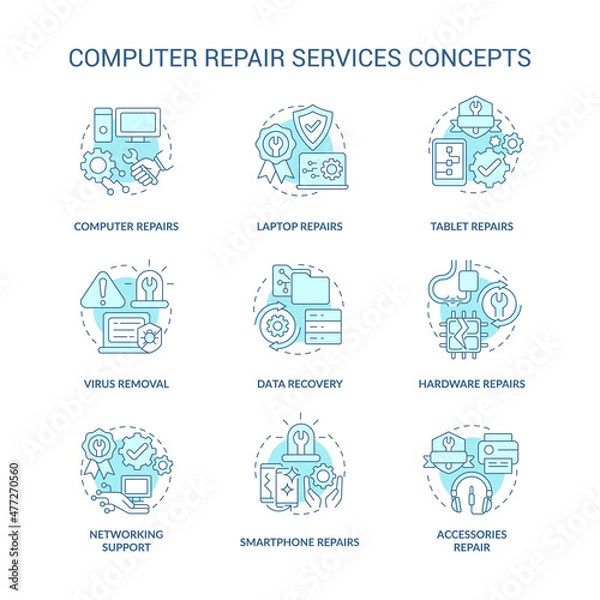 Obraz Computer repair service turquoise concept icons set. Problem resolve idea thin line color illustrations. Isolated outline drawings. Editable stroke. Roboto-Medium, Myriad Pro-Bold fonts used