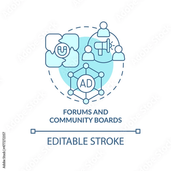 Fototapeta Forums and community boards turquoise concept icon. Digital marketing abstract idea thin line illustration. Isolated outline drawing. Editable stroke. Roboto-Medium, Myriad Pro-Bold fonts used