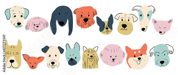 Obraz Cute dogs doodle vector set. Cartoon dog or puppy characters design collection with flat color in different poses. Set of funny pet animals isolated on white background.
