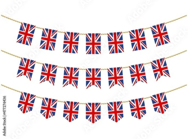 Obraz United Kingdom flag on the ropes on white background. Set of Patriotic bunting flags. Bunting decoration of United Kingdom flag