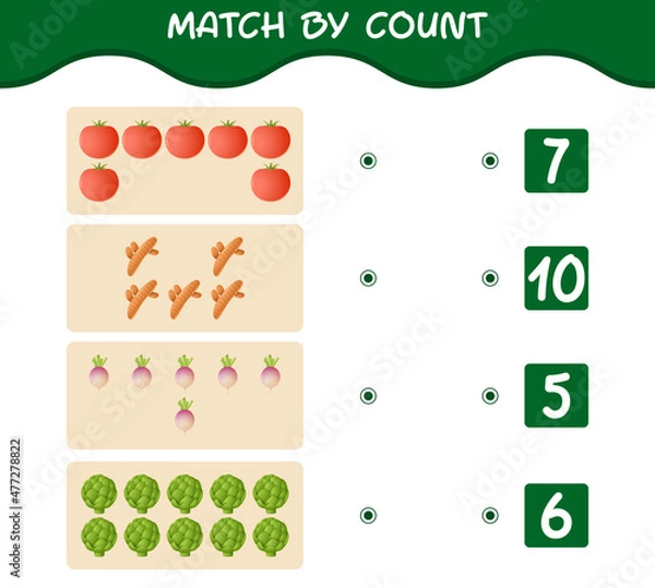 Fototapeta Match by count of cartoon vegetables. Match and count game. Educational game for pre shool years kids and toddlers