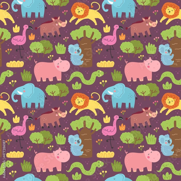 Fototapeta Wild animals endangered species. Seamless pattern, texture, background. Elephant, lion, flamingo, snake, hippo, koala, warthog. Vector design for children. Editable background. Park, safari, zoo.