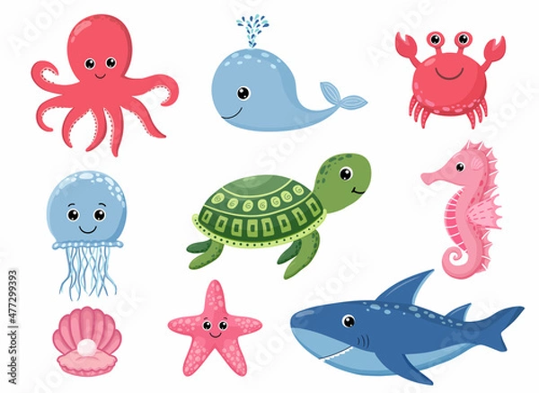 Fototapeta Cartoon sea animals. Cute ocean fish, octopus, shark and turtle, jellyfish, crab and seal. Underwater wildlife creatures vector illustration set