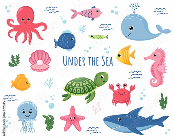 Fototapeta Cartoon sea animals. Cute ocean fish, octopus, shark and turtle, jellyfish, crab and seal, fishes Underwater wildlife creatures vector illustration set.