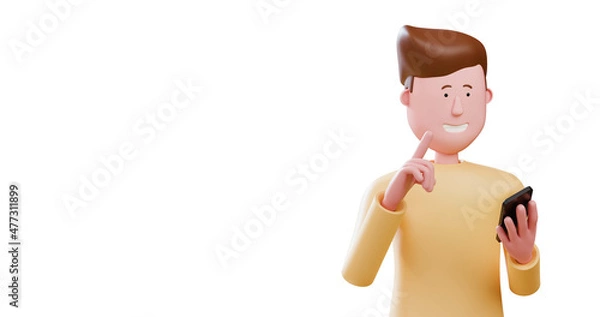 Fototapeta 3d Cartoon man using smart phone technology. push a button.