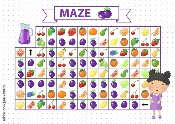 Fototapeta Maze game for children. Find the correct path by plum. Cartoon girl and juice in jar.