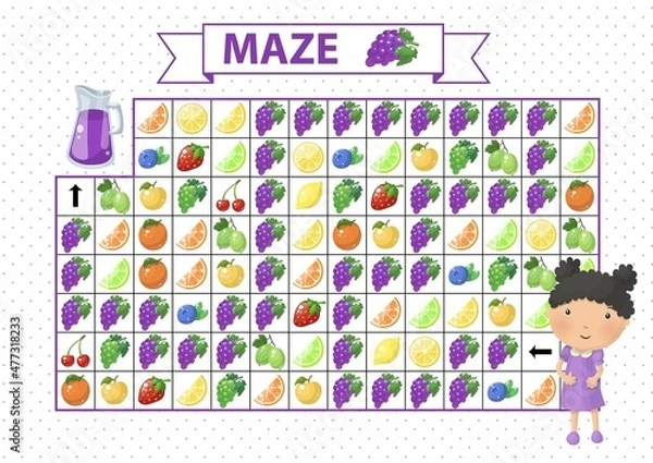 Fototapeta Maze game for children. Find the correct path by grape. Cartoon girl and juice in jar