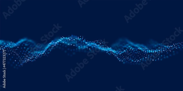 Fototapeta Dynamic blue particle wave. Abstract sound visualization. Flow digital structure. Mesh landscape or grid data technology.
