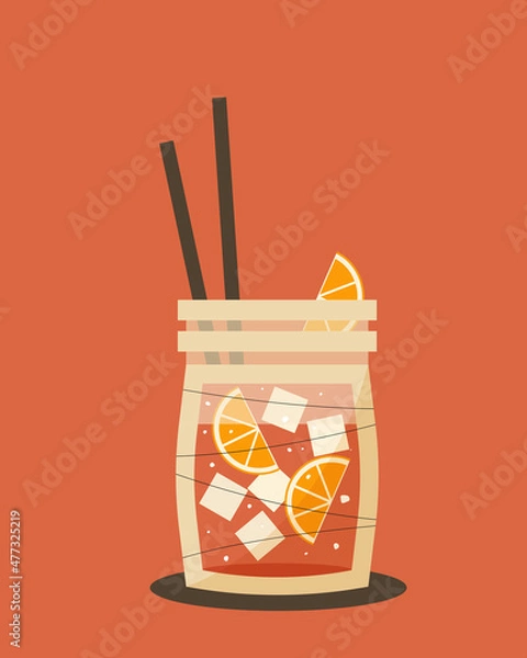 Fototapeta Refreshing lemonade in a jar with straws or orange juice with straws flat simple vector