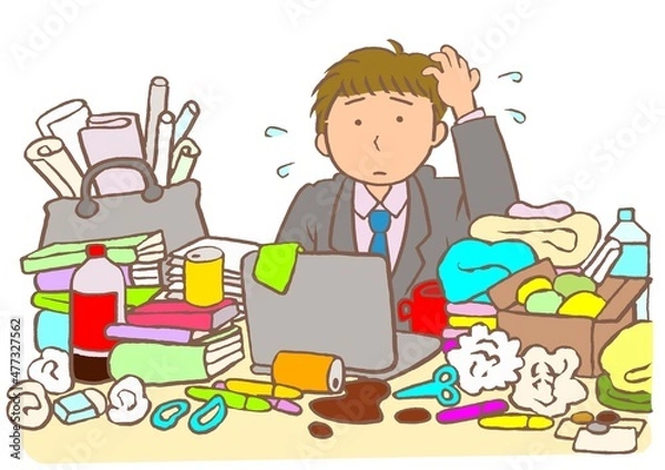 Obraz 大人の発達障害　会社のデスクが片づけられず困っている男