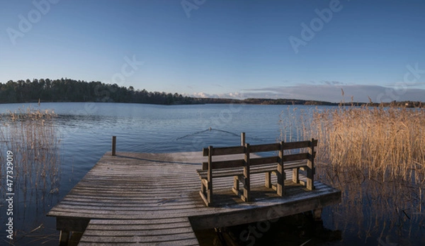 Fototapeta Panorama view over the lake Mälaren from a jetty a sunny frosty winter day in Stockholm