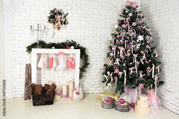 Fototapeta Nice Christmas interior with a fir-tree, fireplace and gifts