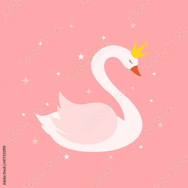 Fototapeta Swan isolated on pink background. Vector illustration of graceful swan bird in crown. Flat design