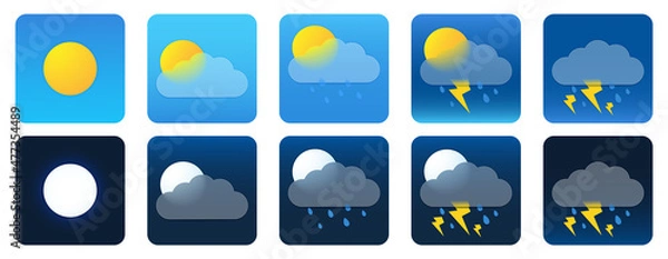 Fototapeta 
Vector illustration. Set of weather icons in the style of glass morphism, isolated on white background. Effect frosted glass. Useful for web design purposes. Eps 10.
