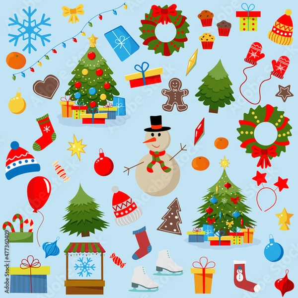 Fototapeta Christmas set with decorative winter items - toys, gift boxes, balloons, garlands, socks, wreaths, Christmas trees, isolated on a white background. Flat vector illustration in cartoon style.