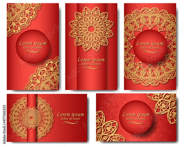 Obraz Set of five luxurious vector mandala patterns. Golden ethnic ornament on orange background. Gorgeous pattern in postcards, labels, posters, invitations, packages. 