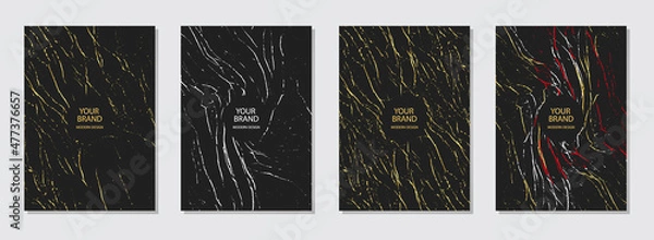 Fototapeta Vector set of cover design, grunge collection. Black backgrounds, golden texture. Geometric marble pattern. Vertical templates for catalog, brochure template, magazine layout, flyer.