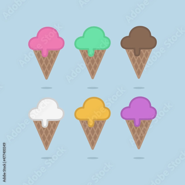 Fototapeta Pack of delicious sweet ice creams vector drawing. Simple ice creams cone icon design.
