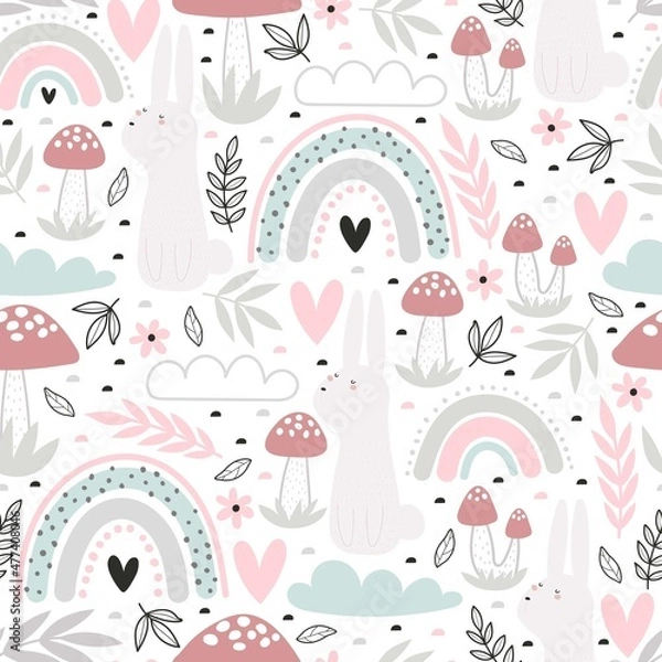 Fototapeta Spring seamless pattern with cartoon rabbit, flowers, rainbow, decor elements. colorful vector for kids. hand drawing, flat style. Baby design for fabric, print, textile, wrapper