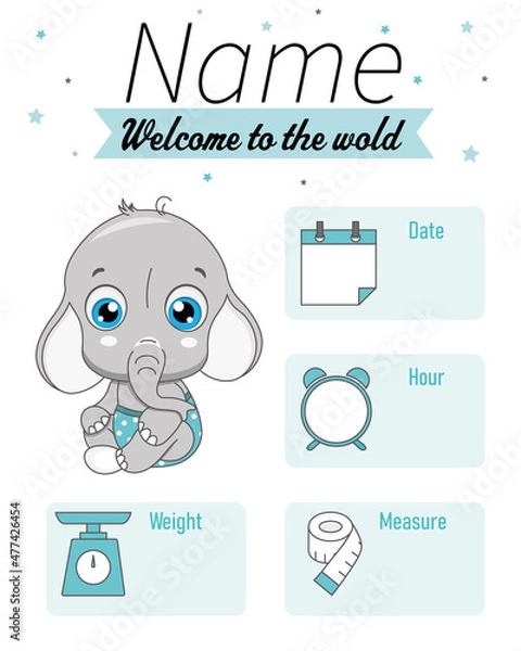 Obraz Cute elephant. Baby birth print. Baby data template at birth. Weight, measurement, time and day of birth