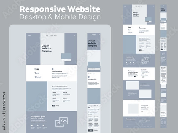 Fototapeta Website design. Responsive desktop and mobile wireframe. Landing page template.
