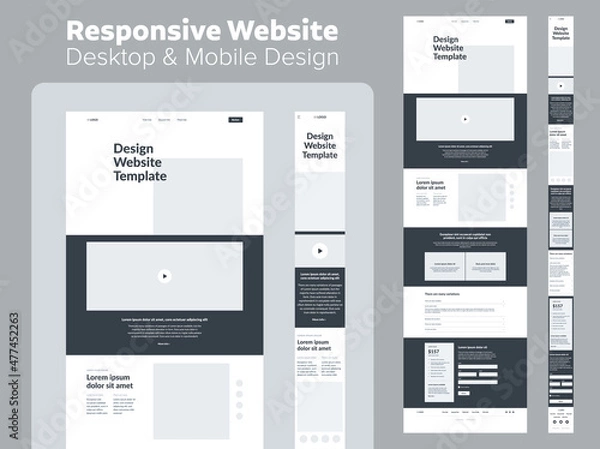 Fototapeta Website design. Responsive desktop and mobile wireframe. Landing page template.