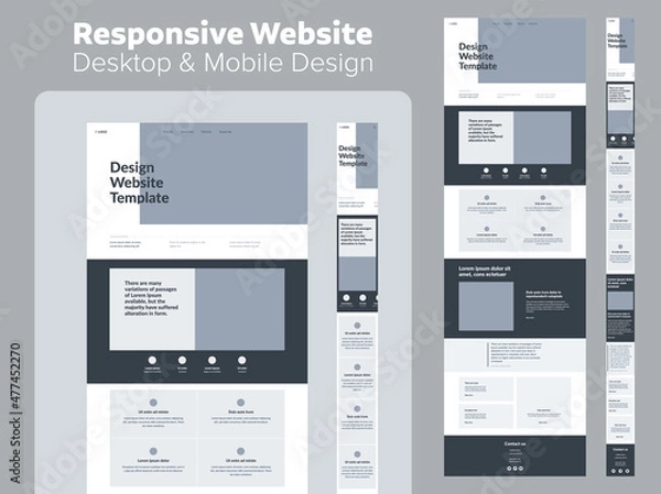Fototapeta Website design. Responsive desktop and mobile wireframe. Landing page template.