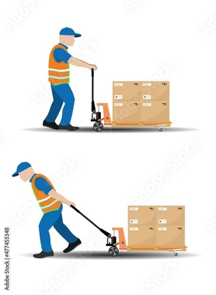 Obraz A set of vector images of moving manual hydraulic pallet truck, the worker moves the load. Storage equipment. Vector illustration.
