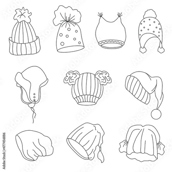 Fototapeta A set of different styles of hats. Vector outline illustration. Suitable for postcards, catalogs, pattern making. For posting on social networks. 
