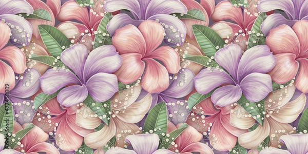 Fototapeta Tropical background, floral seamless pattern, luxury wallpaper. Romantic delicate flowers, plumeria, pink, beige, purple, gypsophila, leaf. Watercolor 3d illustration, texture. Fabric print, wedding 