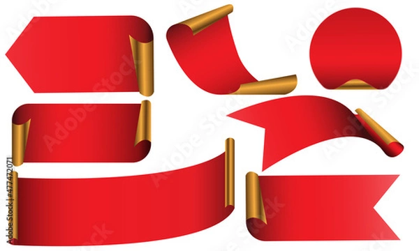 Obraz Set of red gold banners ribbons and round sticker paper scrolls on white background vector