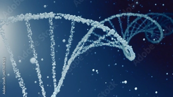 Fototapeta Cosmetic water bubble DNA and mRNA background with cell droplets and copy space. Full-Frame macro light blue and white concept 3D illustration of transparent helix as beauty care and science display.