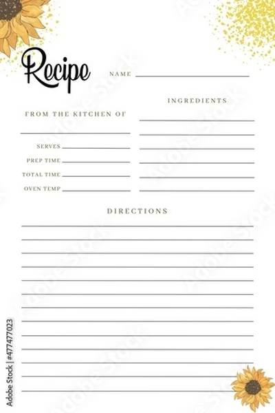 Obraz Blank Recipe Book Template, Blank Pages Sheet Organizer Binder, sunflower background
