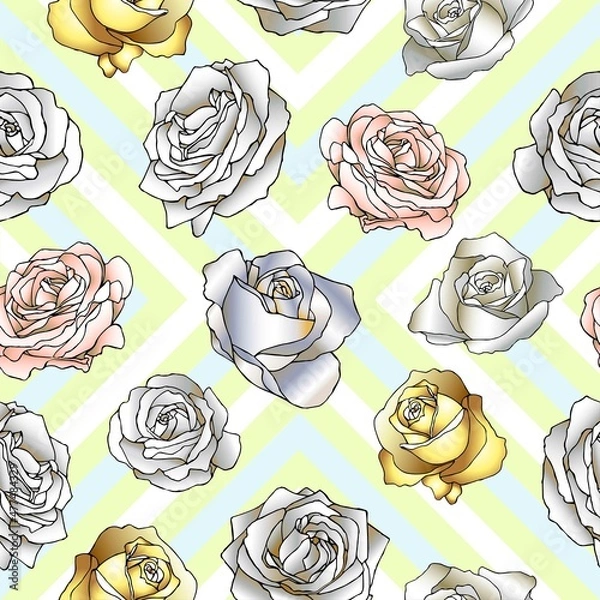 Fototapeta Seamless pattern with the image of flowers gold and pink roses on a green background.