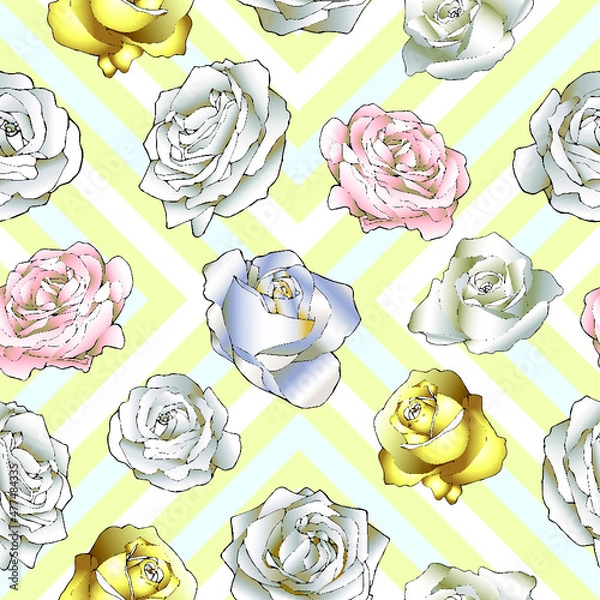 Fototapeta Seamless pattern with the image of flowers gold and pink roses on a green background.