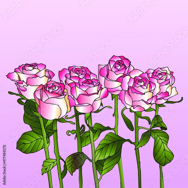 Fototapeta Seamless pattern with the image of flowers of pink roses on a pink background. Vector illustration.