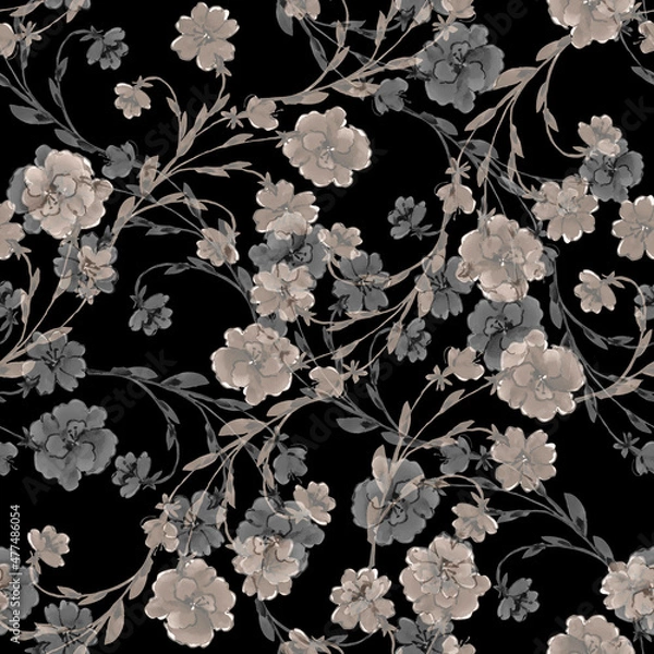 Fototapeta Seamless pattern with watercolor flowers on black background.
