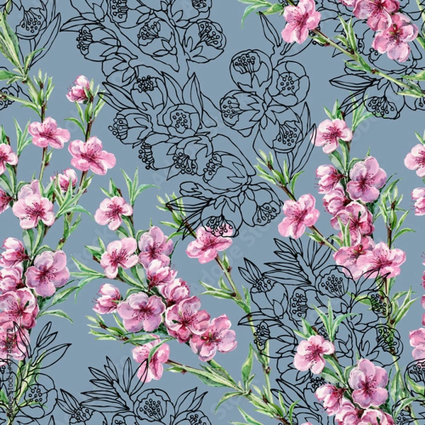 Fototapeta Seamless pattern with watercolor flowers peach and graphic flowers sakura on blue background.