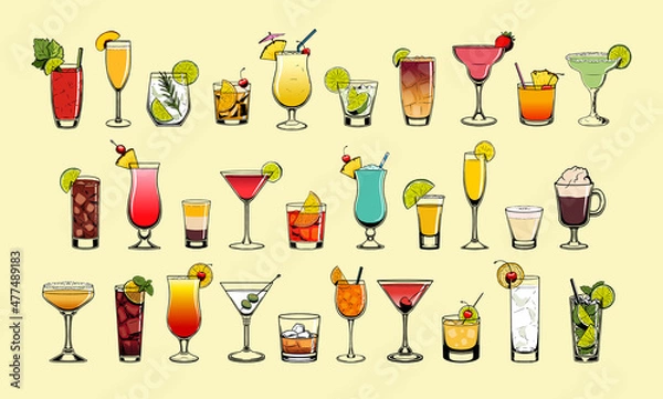 Fototapeta Set cocktail color drink bar illustration vector