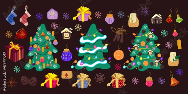 Fototapeta Big set of New Year's elements in cartoon style. Christmas trees, toys, decorations, gingerbread, gifts, pine cones, snowflake. Vector illustration.